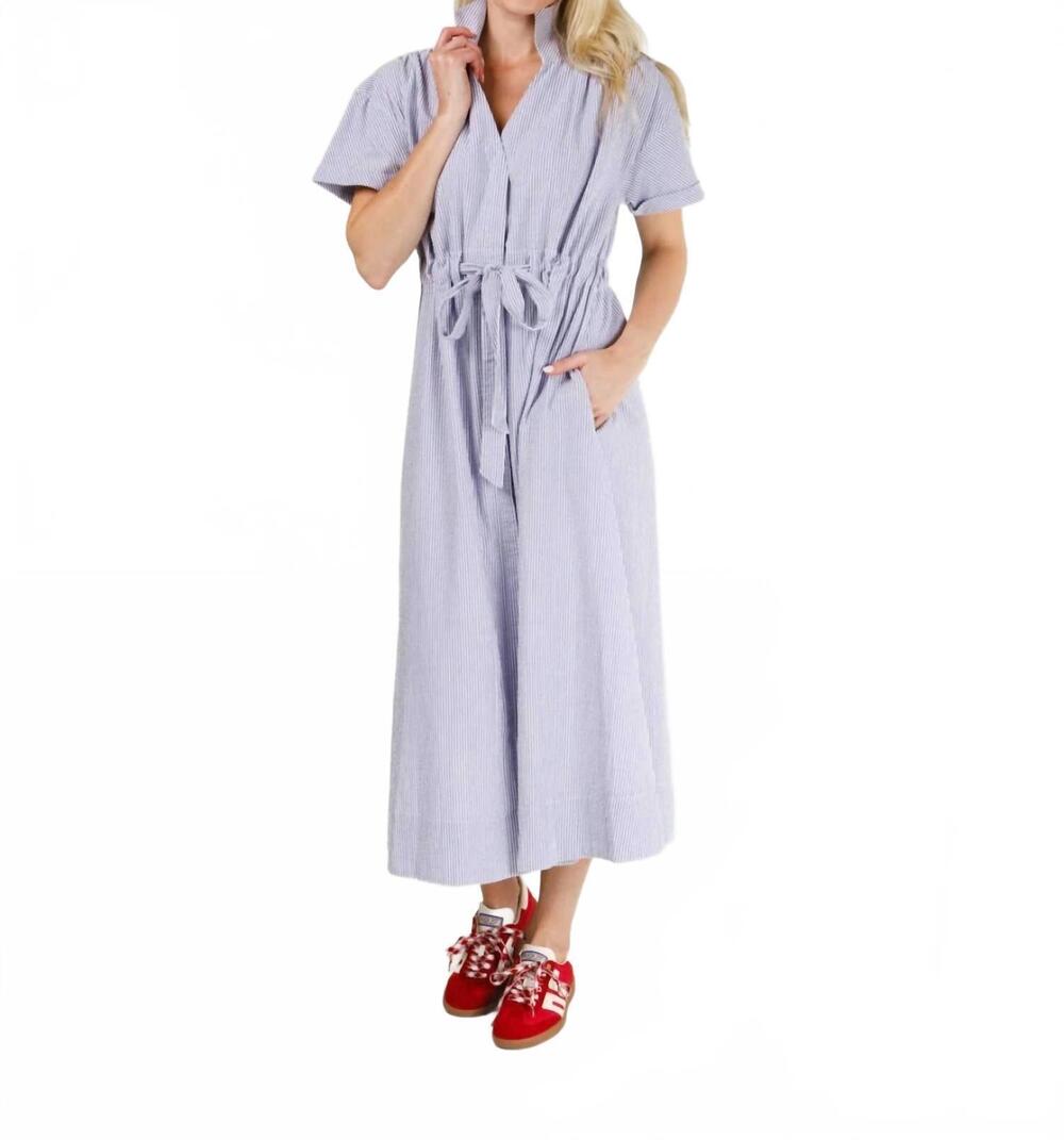 NEW HOLLY SHAE DESIGN bria seersucker maxi dress in blue and white